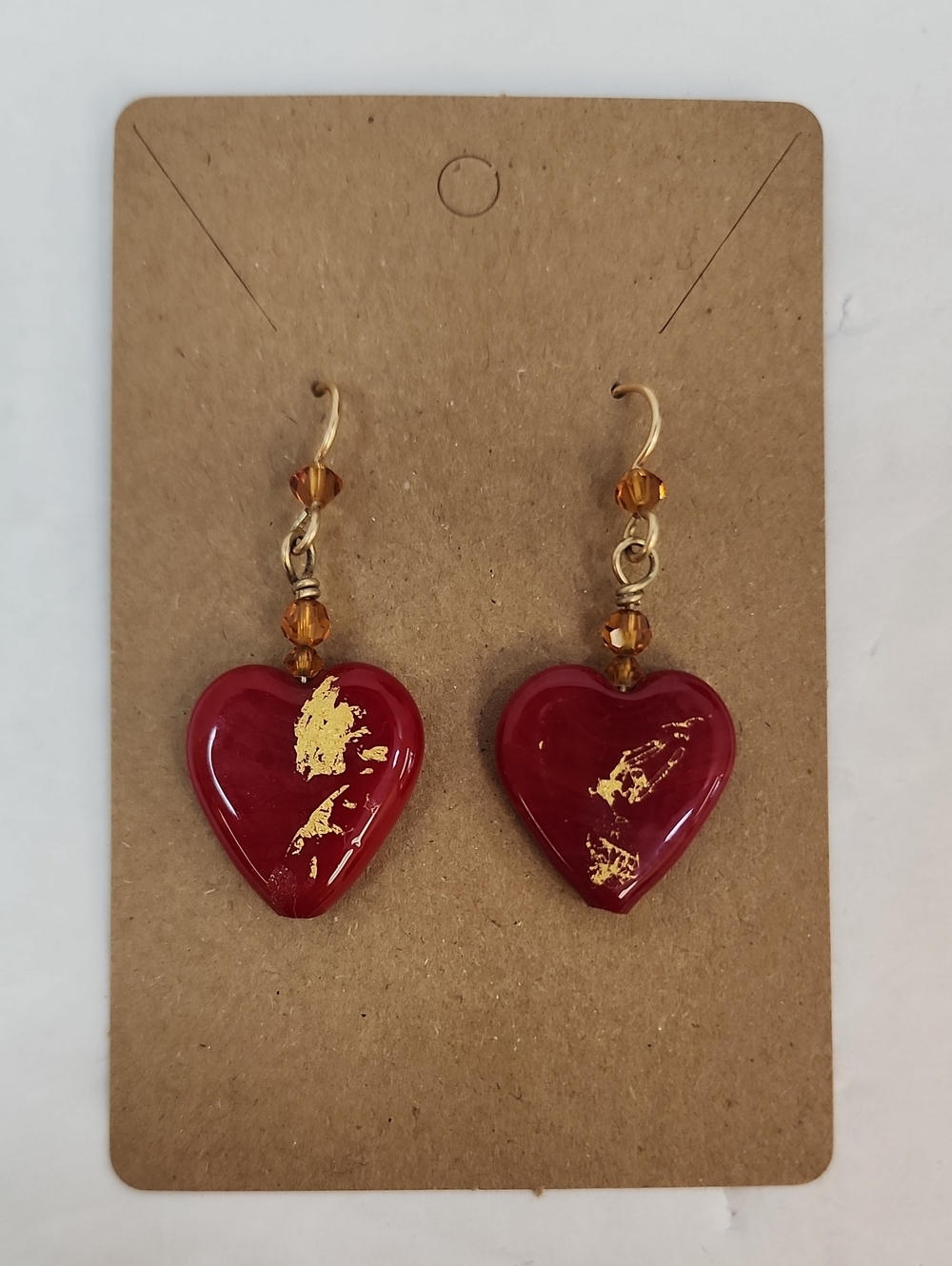 Handcrafted Red Heart Dangle Earrings Gold Leaf Glass Bead French Hook